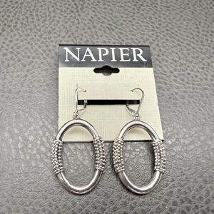Napier Oval Drop Earrings Silver Tone Textured Beaded Dangle Fashion‎ Jewelry